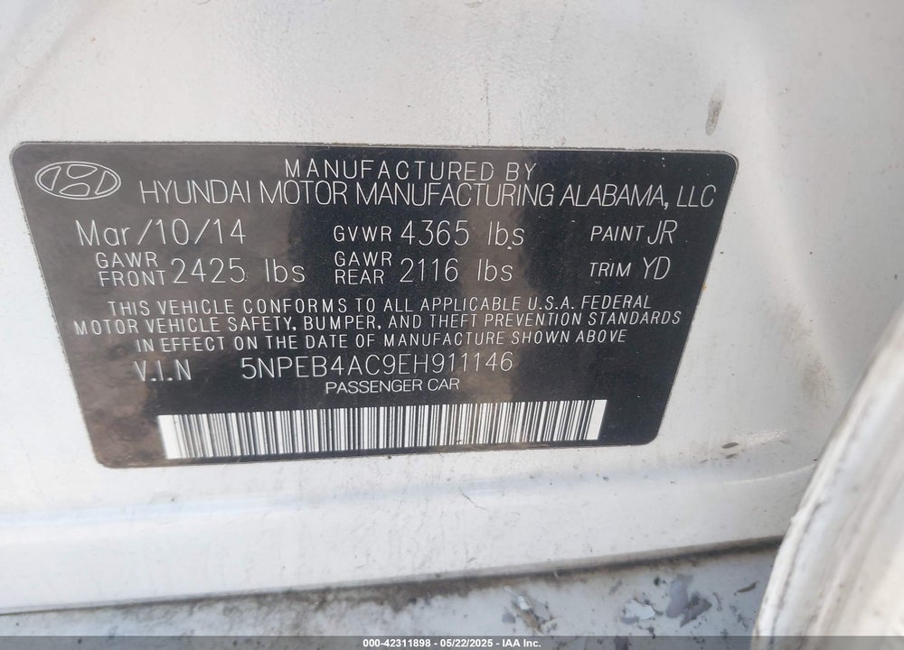 2014 HYUNDAI SONATA VIN: 5NPEB4AC9EH911146