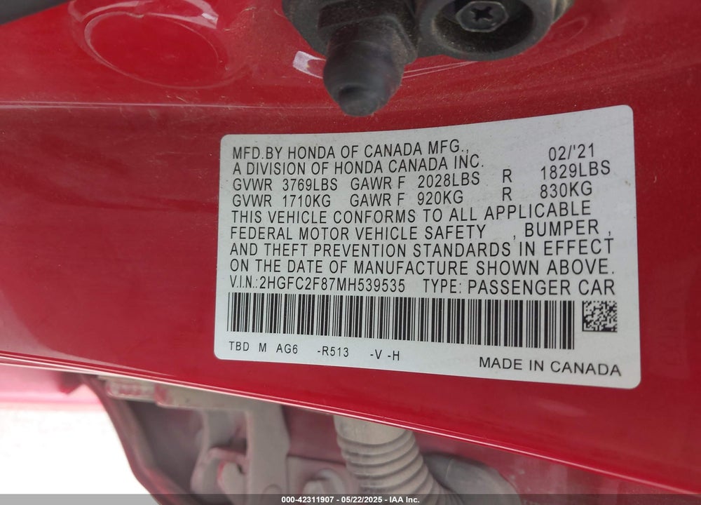 2021 HONDA CIVIC SPORT VIN: 2HGFC2F87MH539535