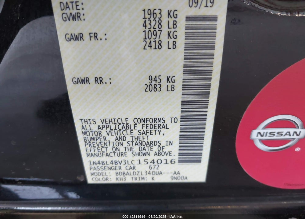 2020 NISSAN ALTIMA VIN: 1N4BL4BV3LC154016