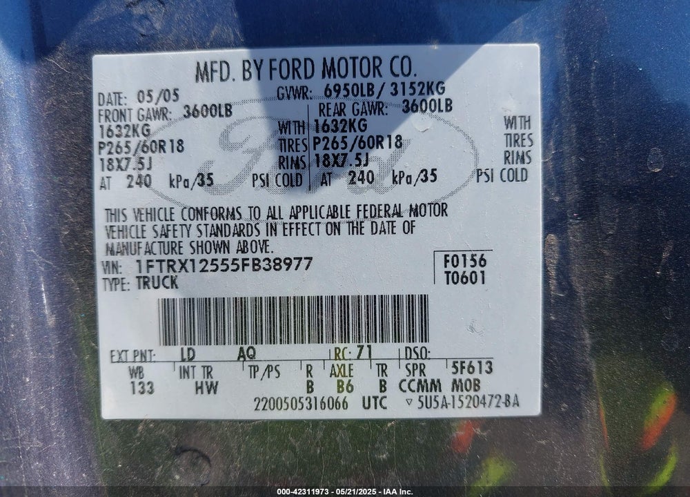 2005 FORD F-150 LARIAT/XL/XLT VIN: 1FTRX12555FB38977