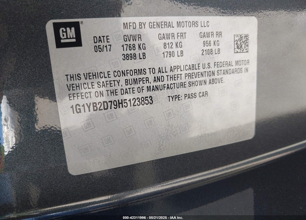 2017 CHEVROLET CORVETTE STINGRAY VIN: 1G1YB2D79H5123853