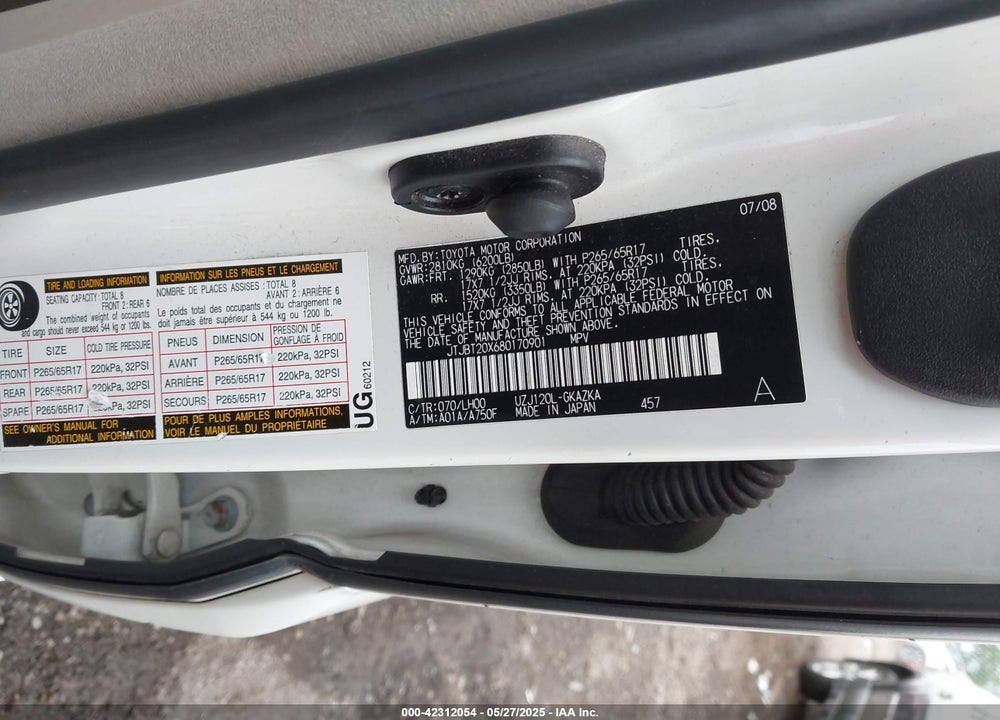 2008 LEXUS GX 470 VIN: JTJBT20X680170901