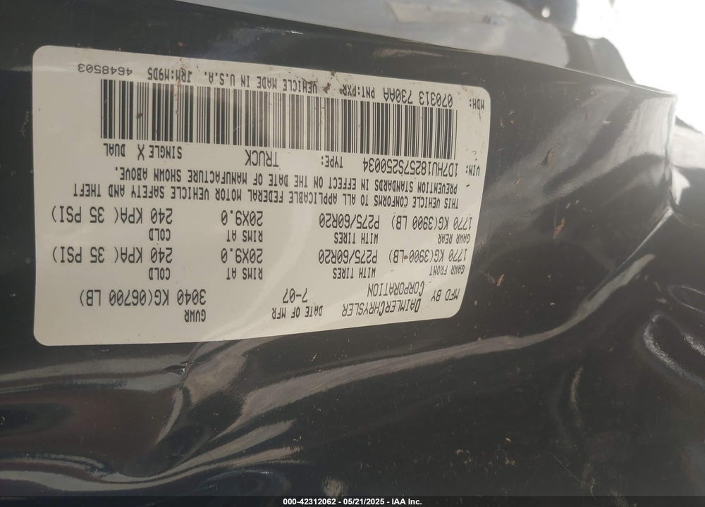 2007 DODGE RAM 1500 VIN: 1D7HU18257S250034