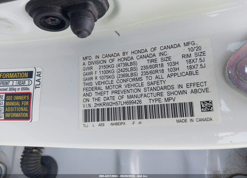 2020 HONDA CR-V VIN: 2HKRW2H57LH699426