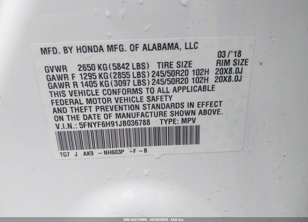 2018 HONDA PILOT VIN: 5FNYF6H91JB036788