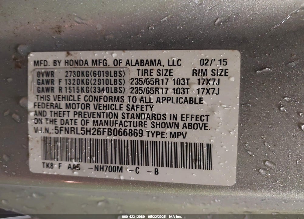 2015 HONDA ODYSSEY LX VIN: 5FNRL5H26FB066869