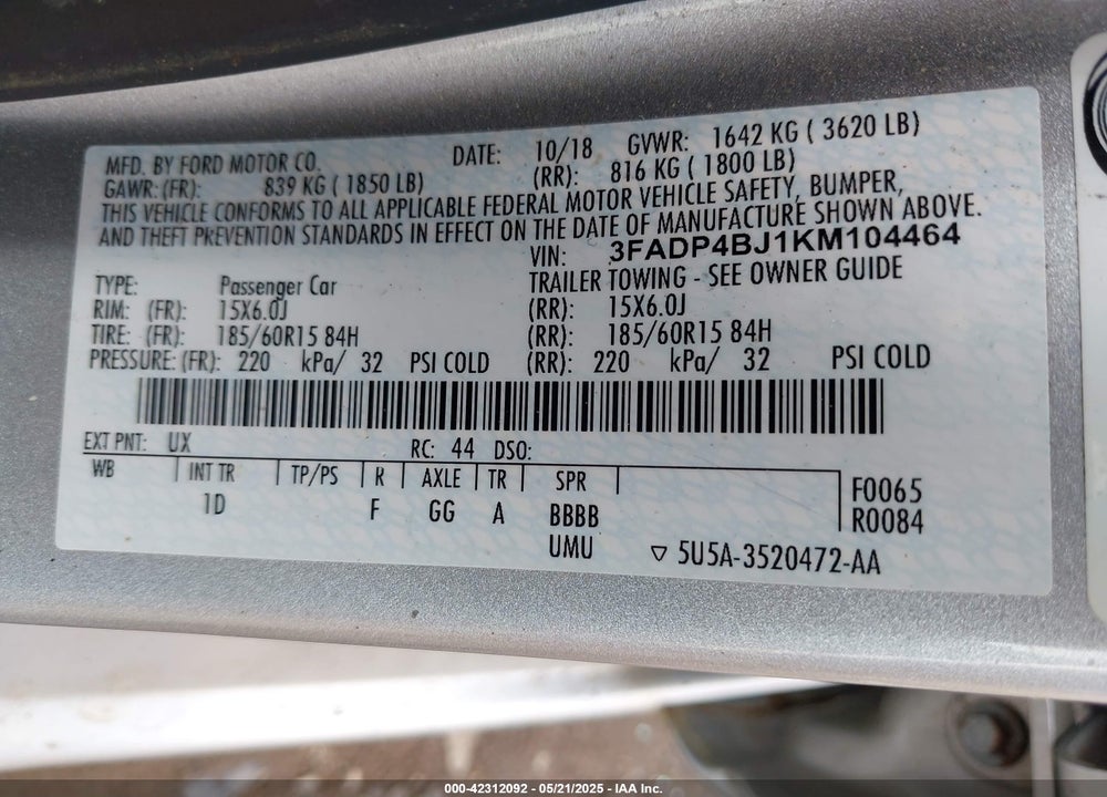 2019 FORD FIESTA VIN: 3FADP4BJ1KM104464