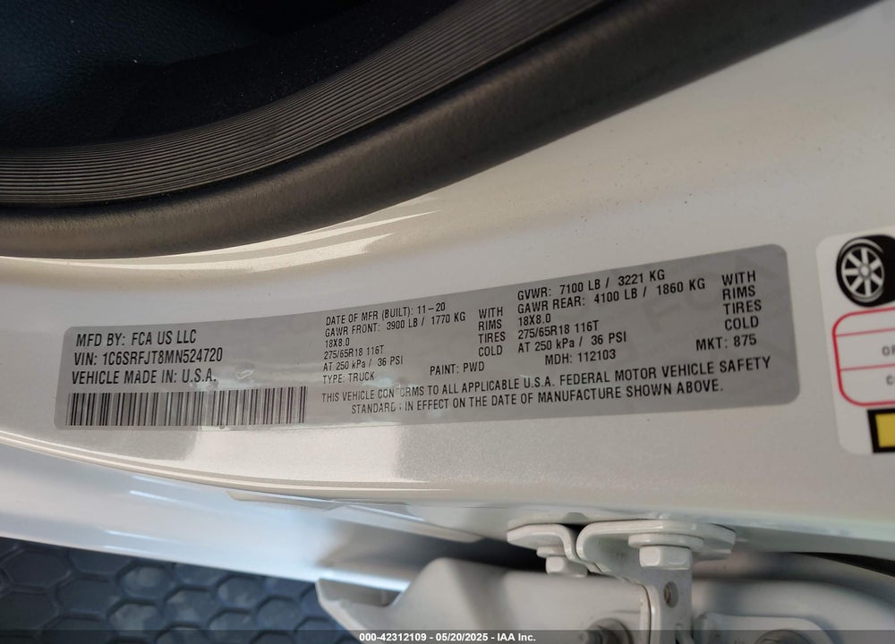 2021 RAM 1500 VIN: 1C6SRFJT8MN524720