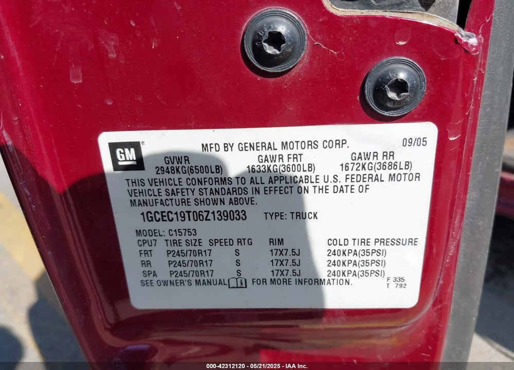 2006 CHEVROLET SILVERADO 1500 LT1 VIN: 1GCEC19T06Z139033