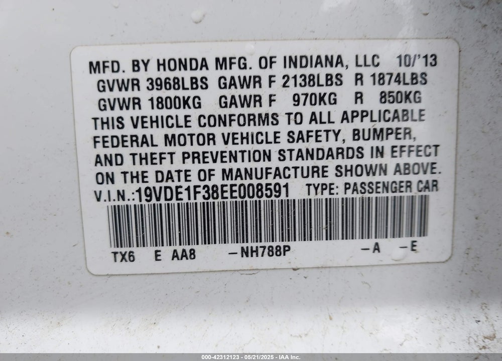 2014 ACURA ILX VIN: 19VDE1F38EE008591