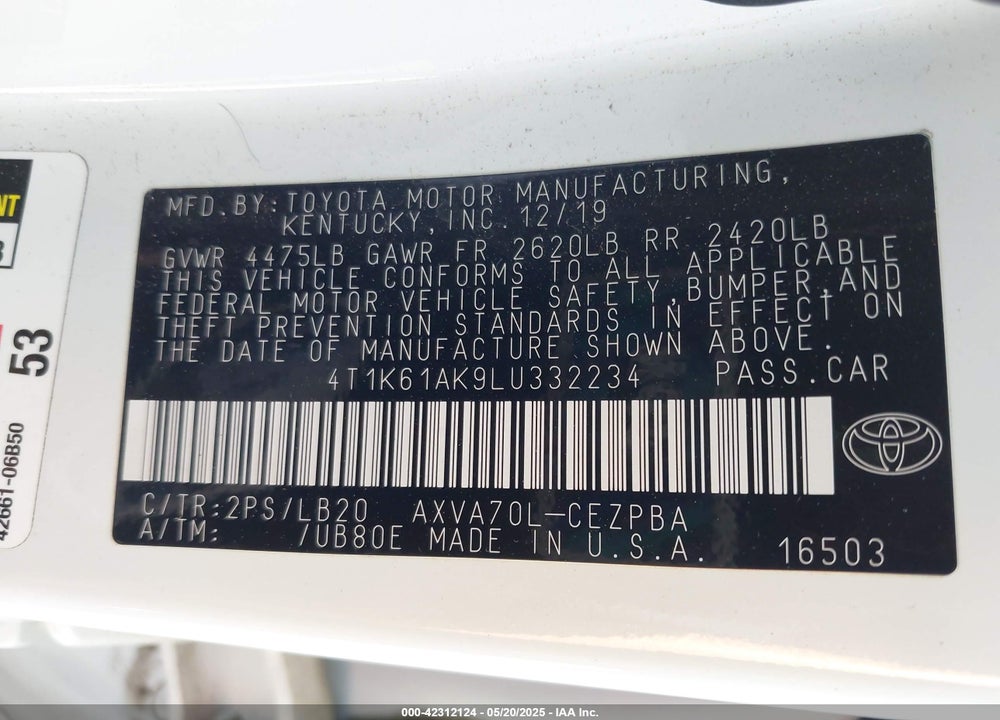 2020 TOYOTA CAMRY XSE VIN: 4T1K61AK9LU332234