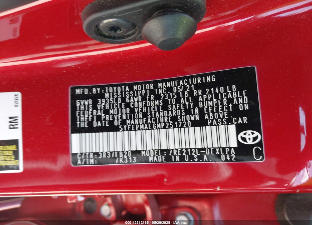 2021 TOYOTA COROLLA LE VIN: 5YFEPMAE6MP251720