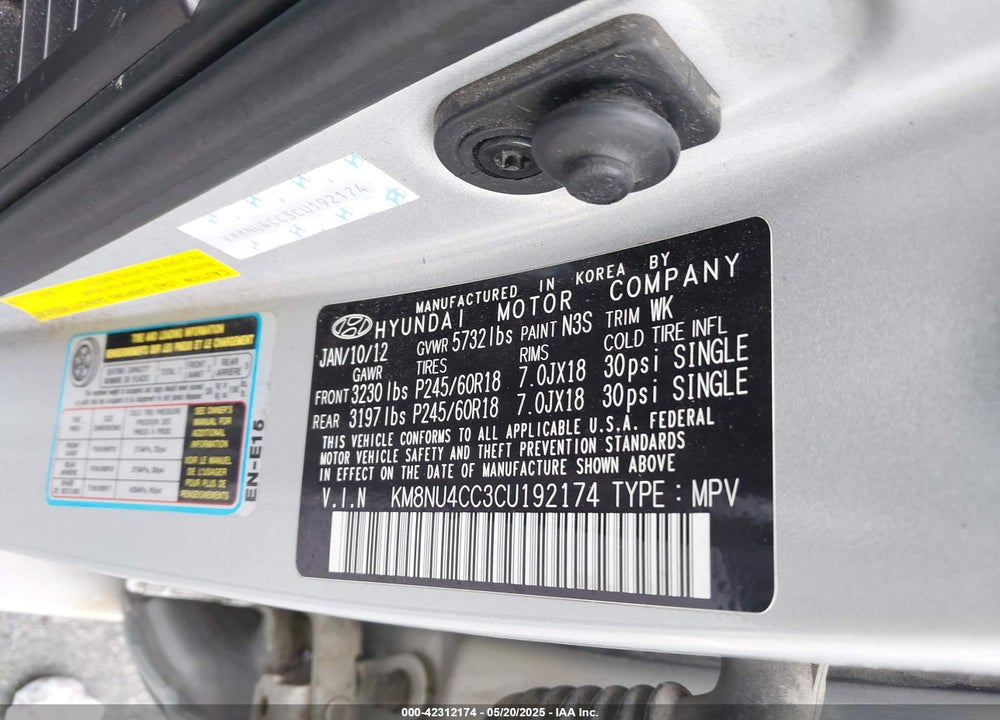 2012 HYUNDAI VERACRUZ VIN: KM8NU4CC3CU192174
