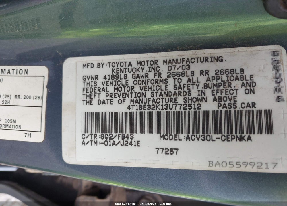 2003 TOYOTA CAMRY LE VIN: 4T1BE32K13U772512
