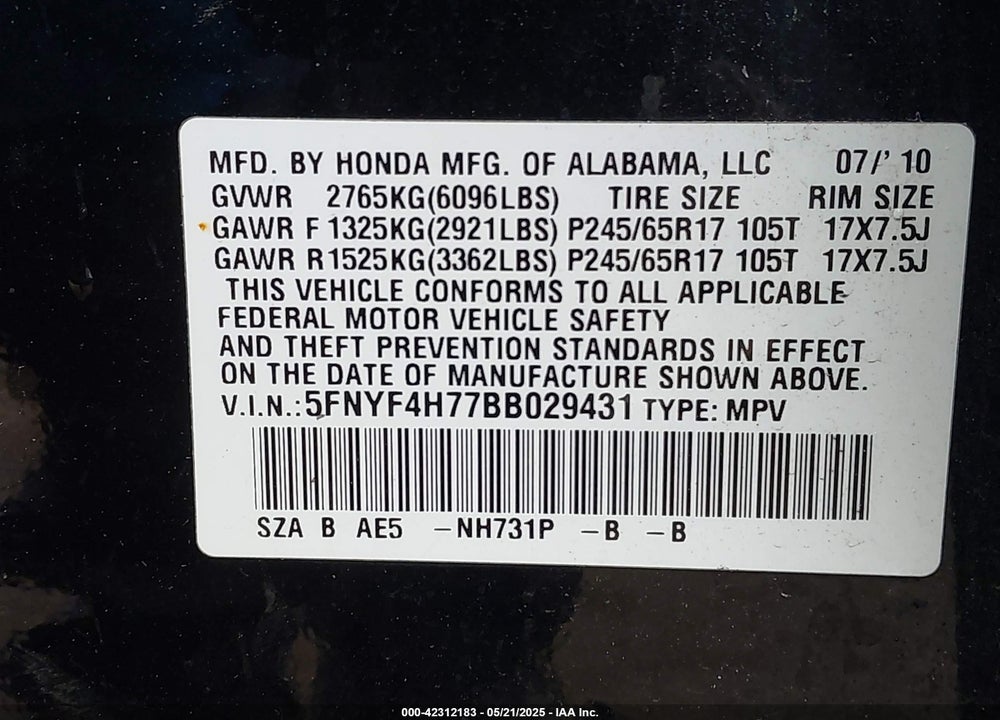 2011 HONDA PILOT VIN: 5FNYF4H77BB029431
