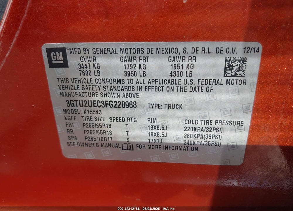 2015 GMC SIERRA 1500 VIN: 3GTU2UEC3FG220968