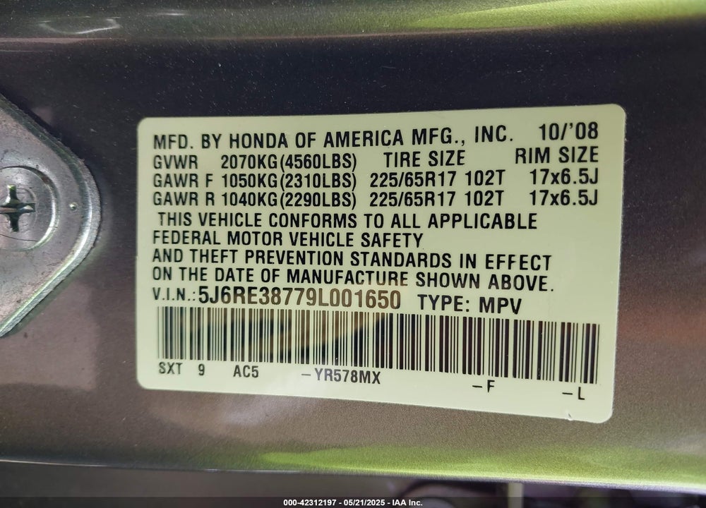 2009 HONDA CR-V EX-L VIN: 5J6RE38779L001650