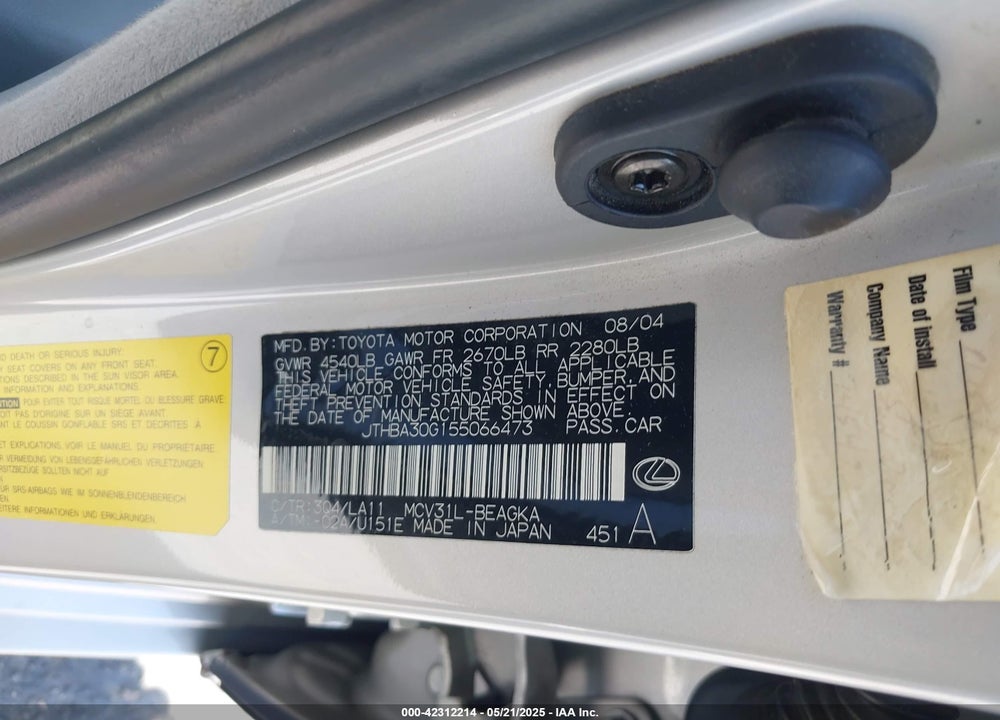 2005 LEXUS ES 330 VIN: JTHBA30G155066473