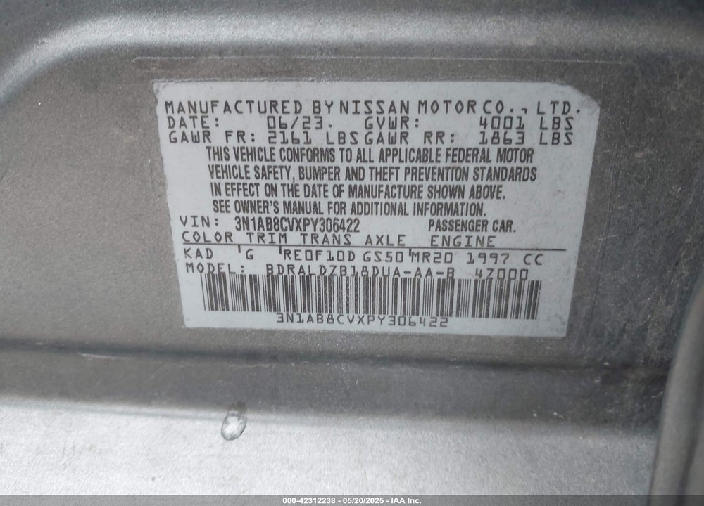 2023 NISSAN SENTRA VIN: 3N1AB8CVXPY306422