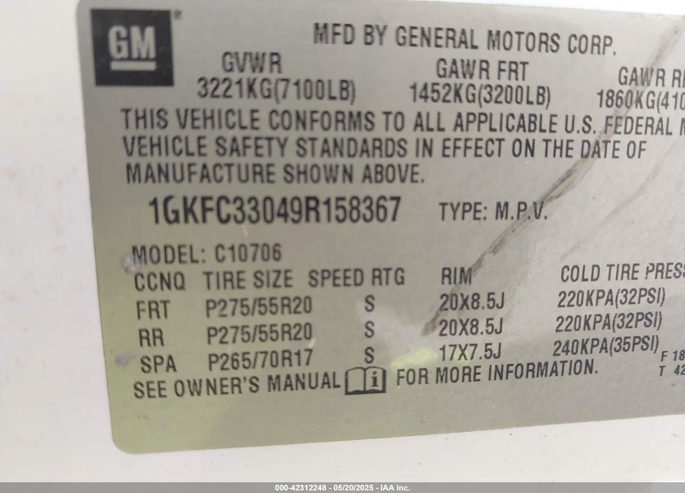 2009 GMC YUKON VIN: 1GKFC33049R158367