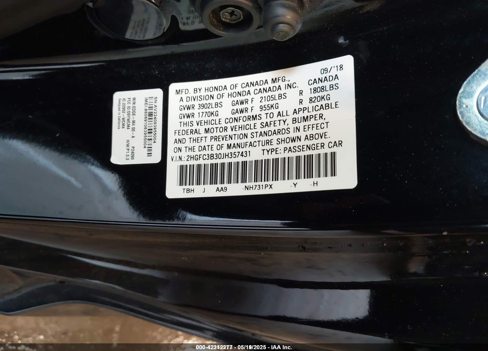 2018 HONDA CIVIC VIN: 2HGFC3B30JH357431