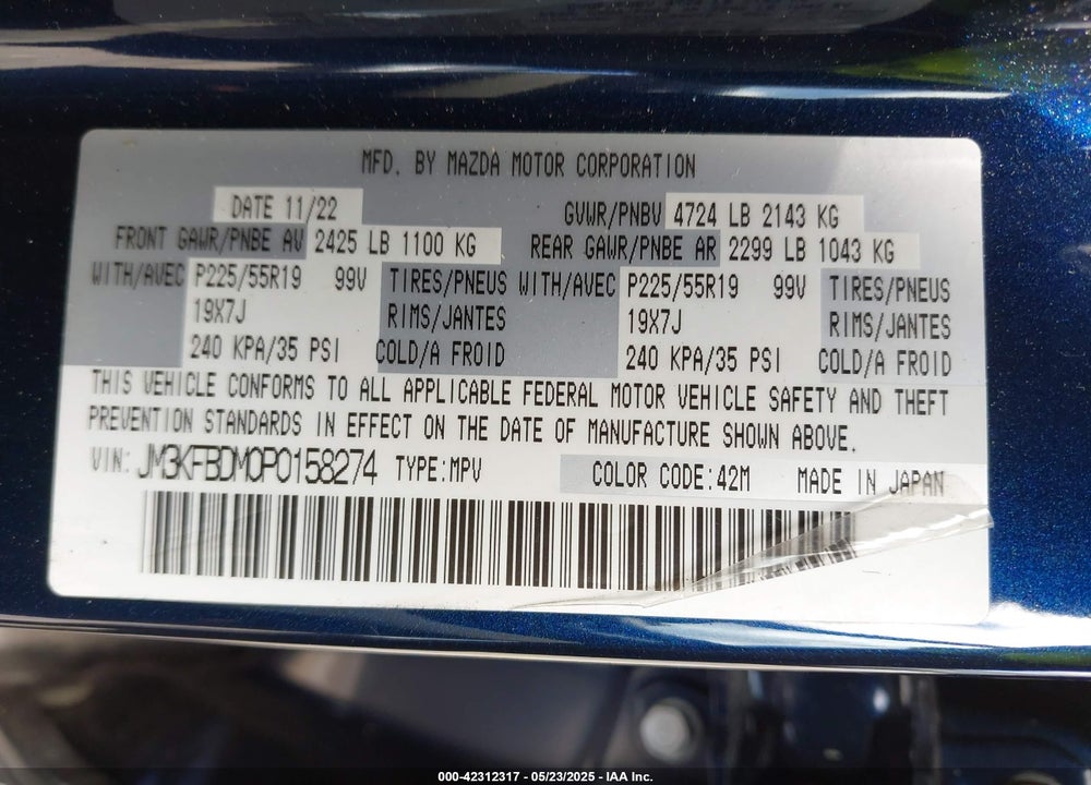 2023 MAZDA CX-5 VIN: JM3KFBDM0P0158274