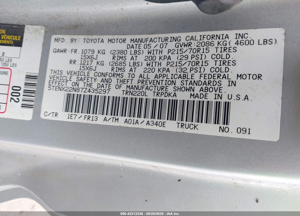2007 TOYOTA TACOMA VIN: 5TENX22N87Z435297