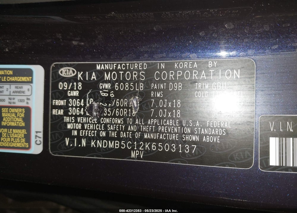 2019 KIA SEDONA EX VIN: KNDMB5C12K6503137