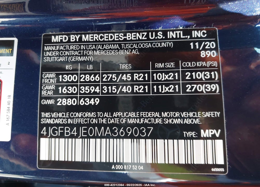 2021 MERCEDES-BENZ GLE 350 VIN: 4JGFB4JE0MA369037