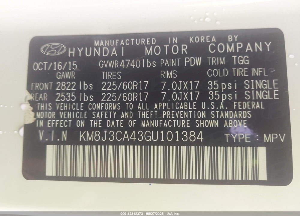 2016 HYUNDAI TUCSON VIN: KM8J3CA43GU101384