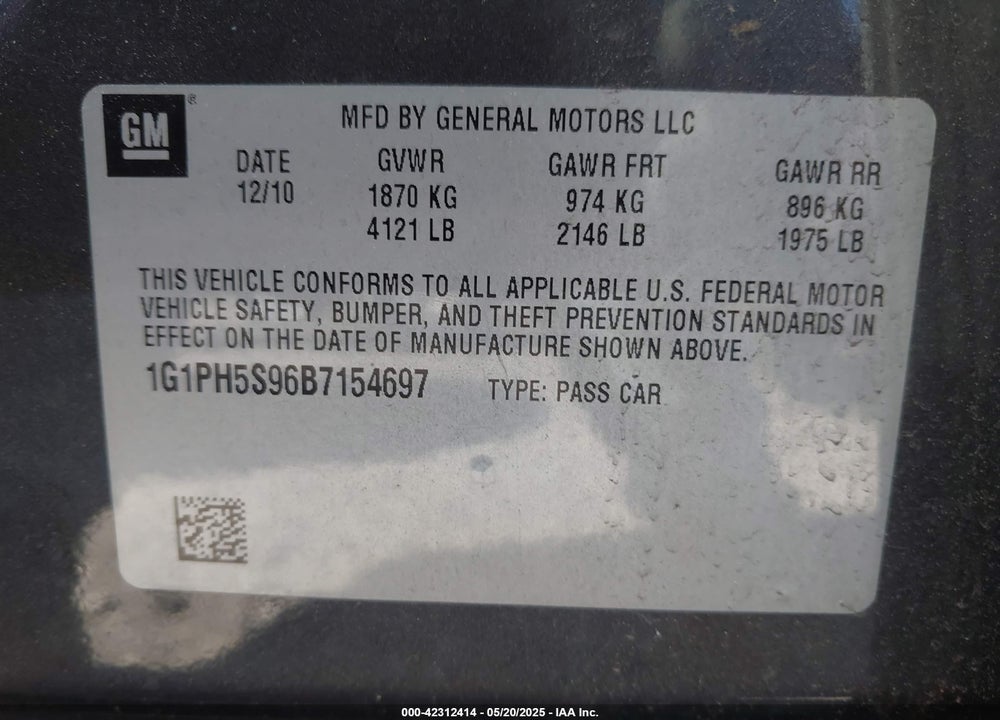 2011 CHEVROLET CRUZE VIN: 1G1PH5S96B7154697