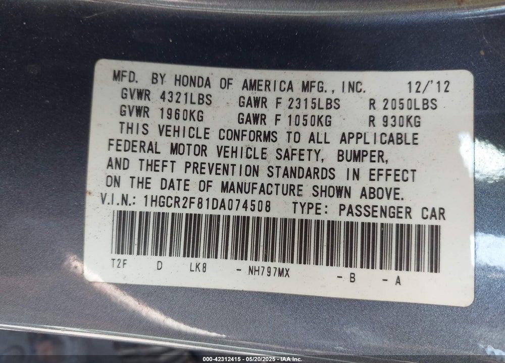 2013 HONDA ACCORD EX-L VIN: 1HGCR2F81DA074508