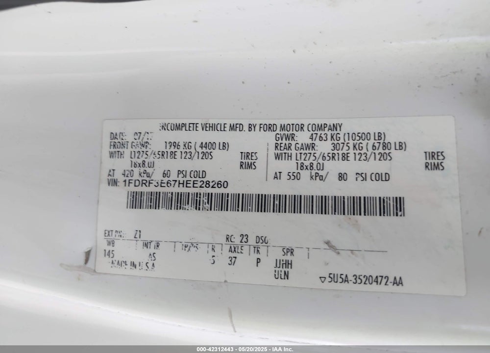 2017 FORD F-350 CHASSIS VIN: 1FDRF3E67HEE28260