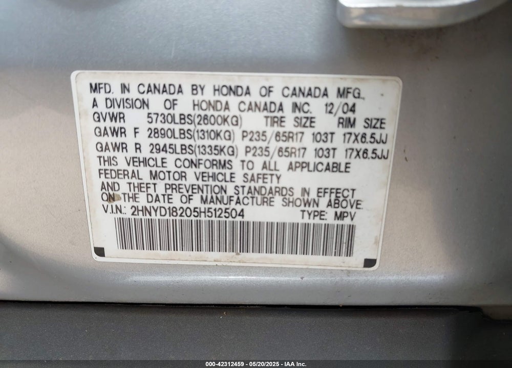 2005 ACURA MDX VIN: 2HNYD18205H512504