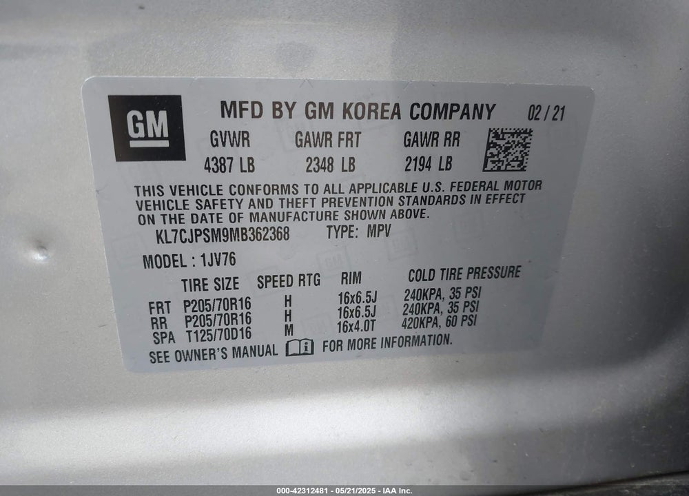 2021 CHEVROLET TRAX AWD LT VIN: KL7CJPSM9MB362368