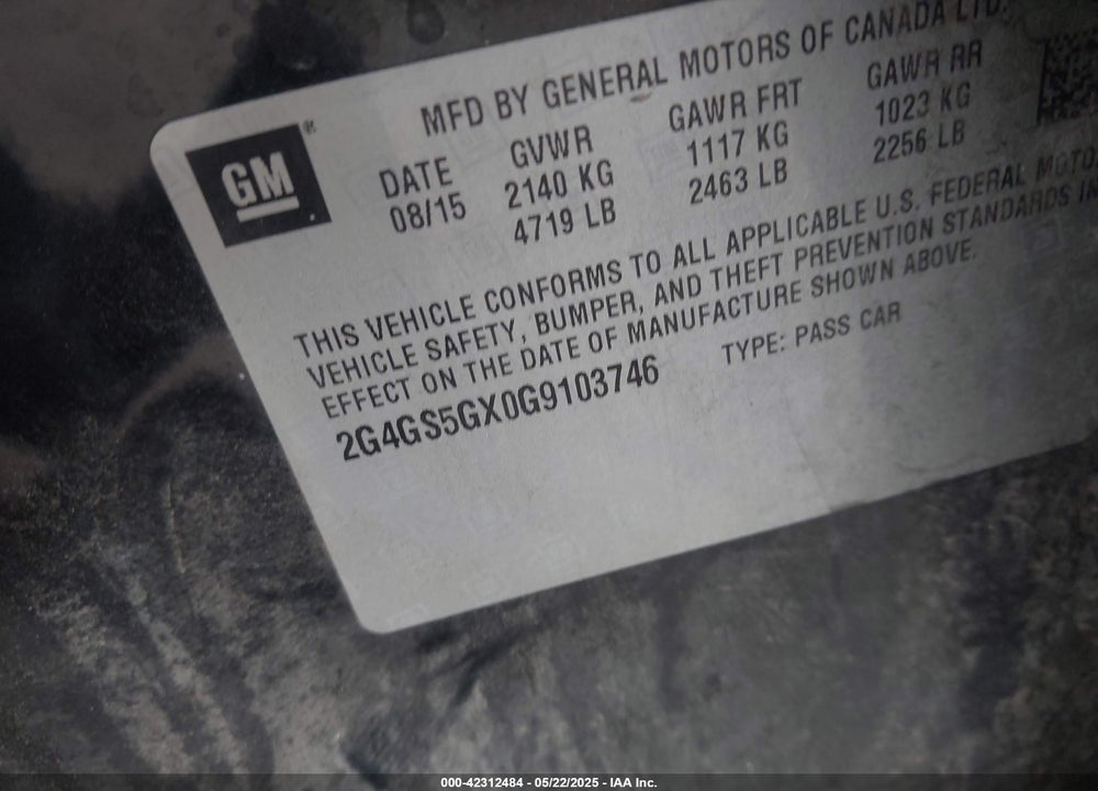 2016 BUICK REGAL VIN: 2G4GS5GX0G9103746