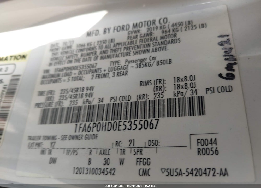 2014 FORD FUSION VIN: 1FA6P0HD0E5355067