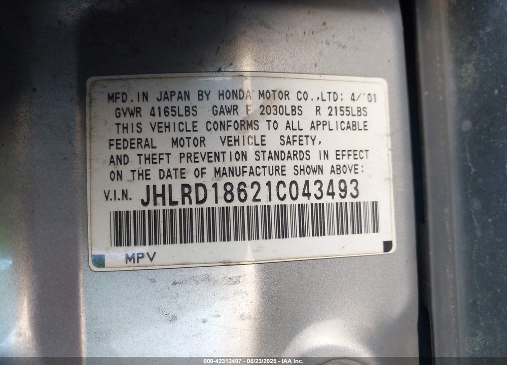 2001 HONDA CR-V EX VIN: JHLRD18621C043493
