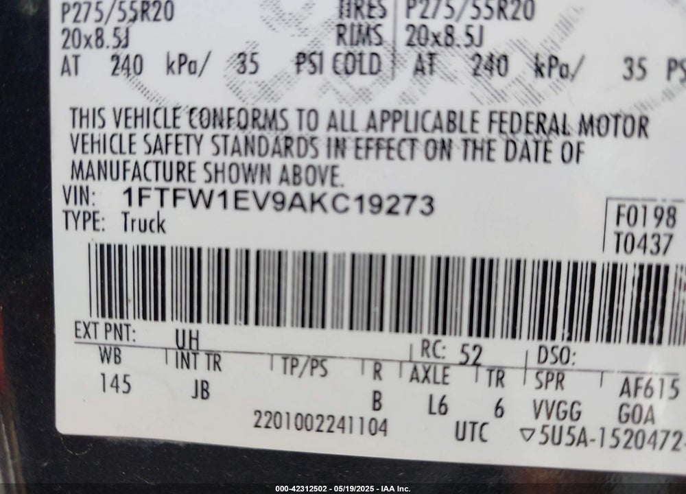 2010 FORD F-150 VIN: 1FTFW1EV9AKC19273