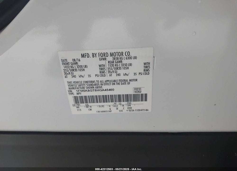 2017 FORD EXPLORER SPORT VIN: 1FM5K8GT8HGA45460