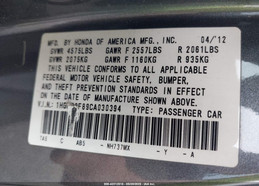 2012 HONDA ACCORD VIN: 1HGCP3F89CA030394