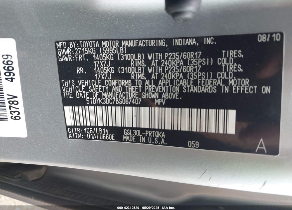 2011 TOYOTA SIENNA XLE V6 VIN: 5TDYK3DC7BS067407