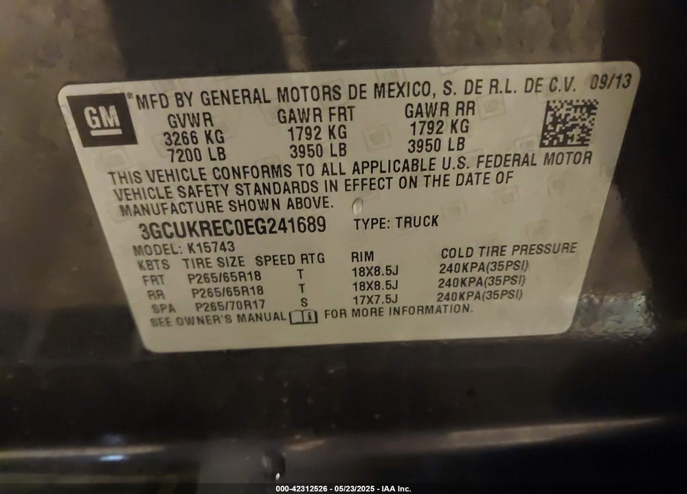 2014 CHEVROLET SILVERADO 1500 VIN: 3GCUKREC0EG241689