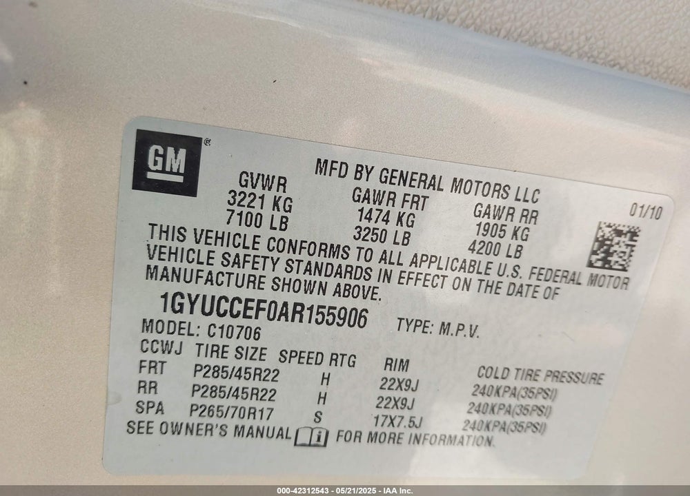 2010 CADILLAC ESCALADE PREMIUM VIN: 1GYUCCEF0AR155906