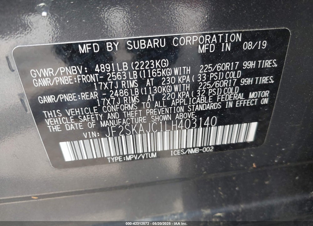 2020 SUBARU FORESTER PREMIUM VIN: JF2SKAJC1LH403140