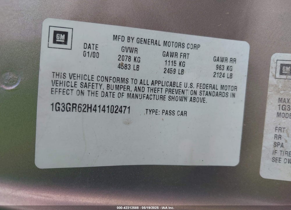 2001 OLDSMOBILE AURORA 3.5 VIN: 1G3GR62H414102471