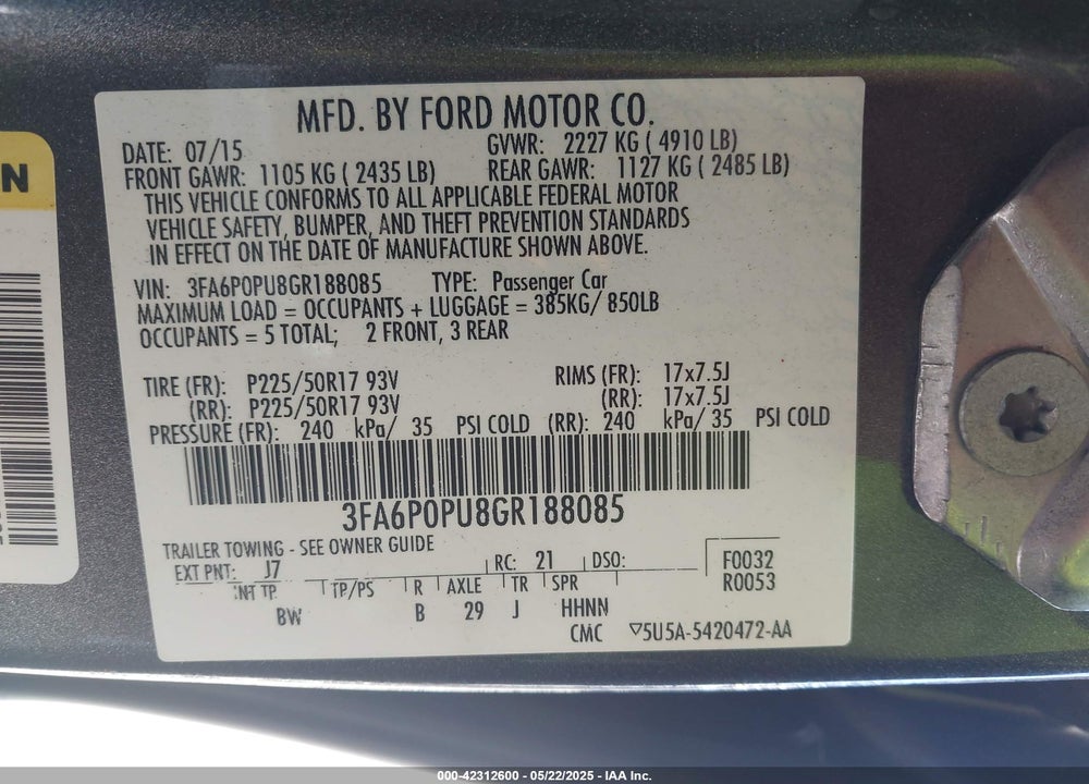 2016 FORD FUSION ENERGI SE LUXURY VIN: 3FA6P0PU8GR188085