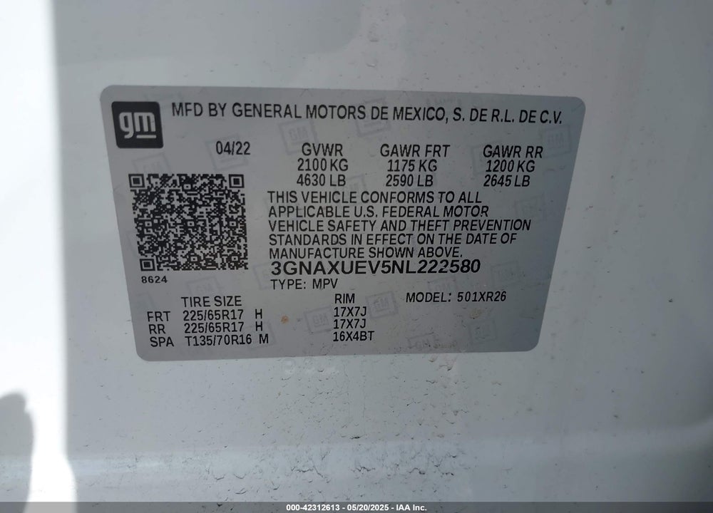 2022 CHEVROLET EQUINOX AWD LT VIN: 3GNAXUEV5NL222580