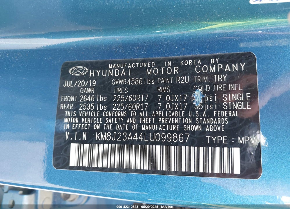 2020 HYUNDAI TUCSON VIN: KM8J23A44LU099867