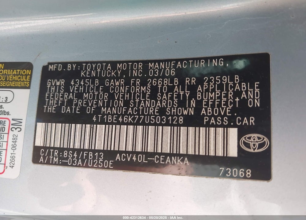 2007 TOYOTA CAMRY VIN: 4T1BE46K77U503128